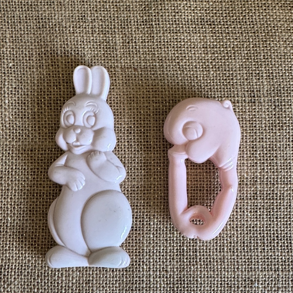 Vintage Pink Bunny & Pink Duck Baby Rattles Plastic Adorable